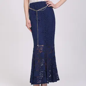 Women Elegant Tulle Long Pleated Women Floral Embroidery Tutu Women Navy Blue Lace Mesh Long Mermaid Skirt