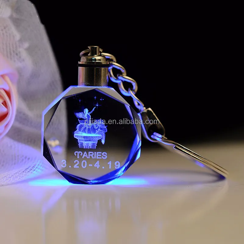 नई शैली आने वाले डी लेजर उत्कीर्णन 12 नक्षत्र क्रिस्टल ग्लास सस्ते कस्टम डोरी keychains बनाया