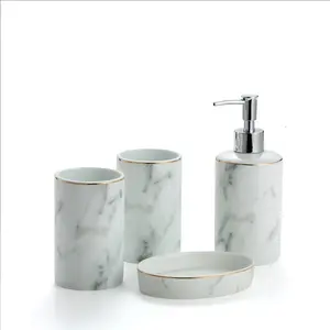 China Manufacturer Marble Pattern Porcelain 4 Piece Ceramic Bathroom Accessory Sets