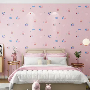 Roze varken cartoon behang slaapkamer kinderkamer kleding winkel hotel kleuterschool eenvoudige moderne lichtblauw knorretje behang