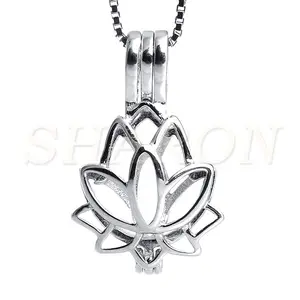 Jewelry locket Sterling Silver Lotus flower Blossom Bead Pearl Cage Pendant S925 Wholesale