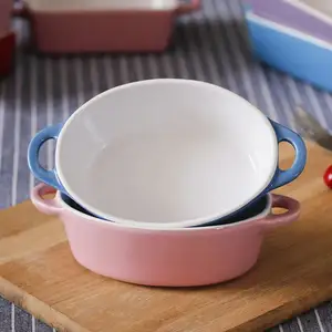 Piring/Porselen Dapur Merah Muda Keramik/Porselen Dapur Pegangan Ganda Bulat Tahan Panas Desain Baru Kelas 7.5"