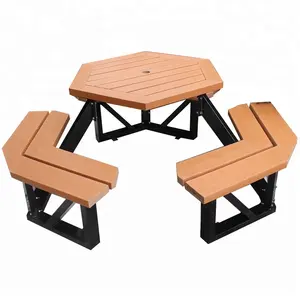 リサイクル木材と鉄の六角形のパティオ家具屋外ピクニックテーブルとベンチセット