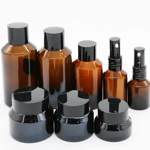 Skincare pessoal de alta qualidade, 50ml, jarra de vidro, âmbar, frasco e frasco de garrafa cosmética, conjunto para atacado