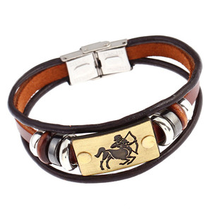 Bracciale in Pelle con Charm dei 12 Segni Zodiacali, Fibbie in Acciaio Inox, Perline in Ematite, Vendita all'Ingrosso - Product Image 4