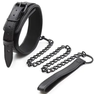 BDSM Faux Leather Padded Collar with Leash Sex Bondage Restraint for Adult Foreplay