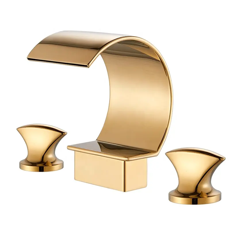 Rozin New Arrival Gold Waterfall Bath Wash Water Tap Brass 3 Pcs Dual Handle Faucets Set for Bathroom Basin Faucet