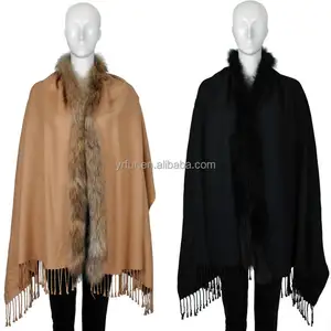 YR729 Classica donne pashmina sciarpa dello scialle con raccoon fur trim