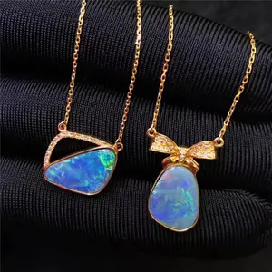 SGARIT gemstone jewelry wholesale Trend Natural Blue Opal Charms pendant necklace diamond 18k gold jewelry for women
