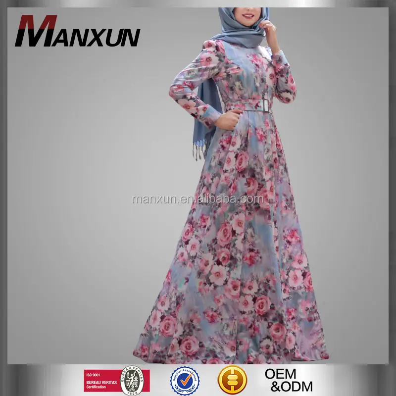 ขายส่งใหม่ออกแบบเจียมเนื้อเจียมตัวเสื้อผ้ามุสลิมอิสลามเจียมเนื้อเจียมตัวชุด Abaya อิสลามสวม Floral พิมพ์ Abaya
