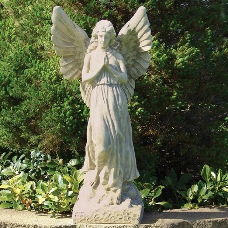 Estátua de mármore branco para oração, pedra de escultura de anjo cherub com asas de mármore