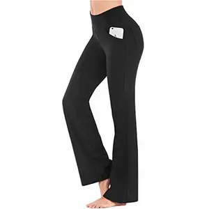 带口袋的女式高腰瑜伽裤高腰锻炼靴裤肚子控制，女士工作裤