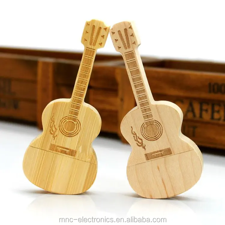 Real capacity customize laser engraving logo 4GB 8GB 16GB wooden maple bamboo guitar shaped usb flash memory stick key pen drive