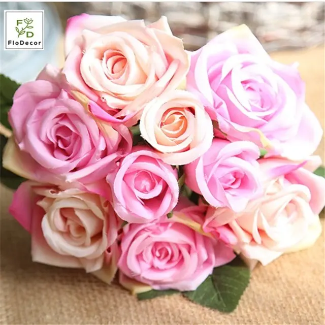 Atacado flores artificiais de seda rosas buquê de flores, decoração de noiva, casamento, seda, cores misturadas, vermelho, branco, rosa