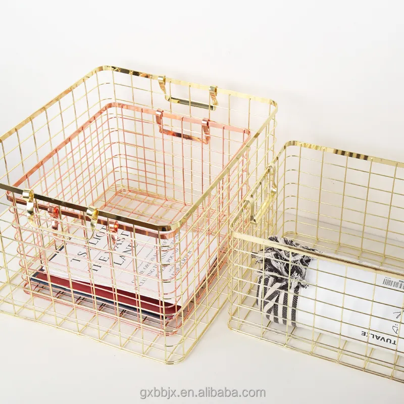 Guangxi Factory Supply Household Storage Rose Gold Or Gold Plating Rectangle Metal Wire Basket Container With Handles