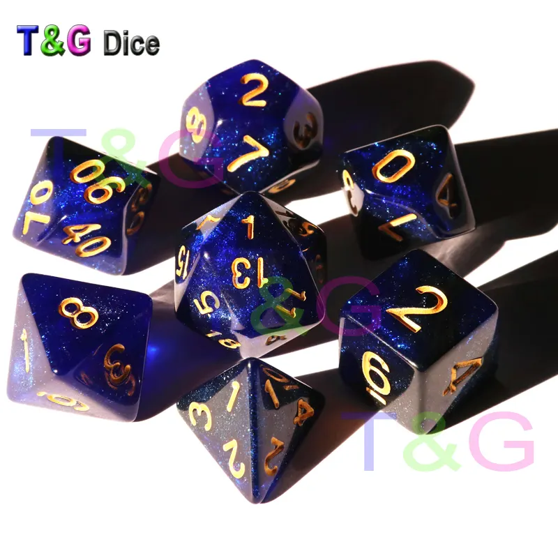 New Arrival!Universe Galaxy Dice Set of D4-D20,Royal Blue Mix Black Color with Shinny Glitter Effect Under Sunlight Cool for DND