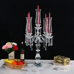 Tempat lilin Candelabra Lengan kristal kaca bening untuk tengah meja pernikahan grosir kualitas tinggi 5 Natal