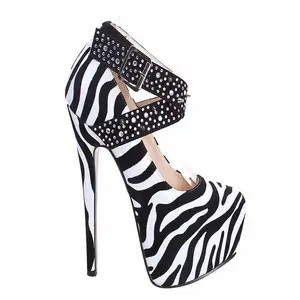 Sapato de salto alto com estampa de zebra, calçado sexy para moças com cinta cruzada
