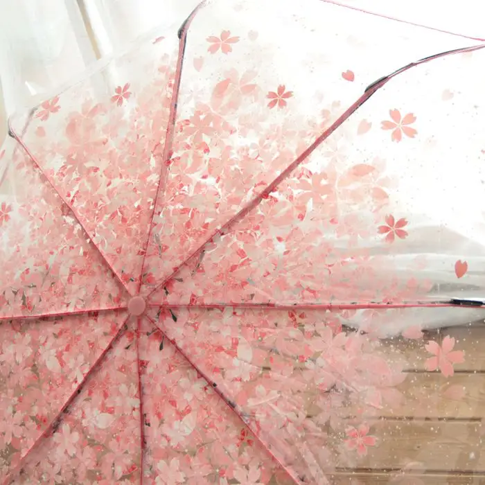 Ladies 3 Folding Transparent Umbrella Parasol Pink Flowers Pattern Umbrella