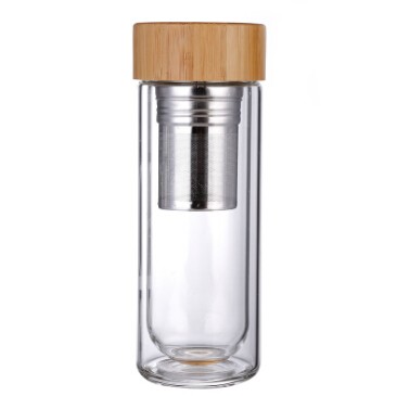 Double wall Borosilicate Glass Water Bottle with bamboo lid and metal tea filter