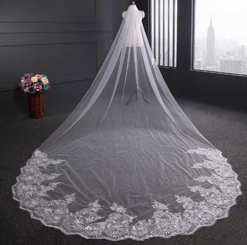 Cathedral Wedding Veils Long Lace Edge Comb Accessories Bridal Veil WF904