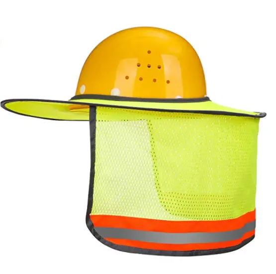 Yellow Full Brim Sun Neck Shield Mesh Sun Shade Protector for Hard Hats Helmets with Reflective Strip