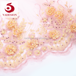 100% poliéster 3D hermoso bordado encaje/<span class=keywords><strong>3</strong></span> D flor Malla tela neta del cordón del melocotón pálido color - Product Image 2