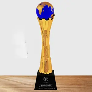 Personalization gold-plated resin trophy custom competition awards global earth metal trophy crystal medal making