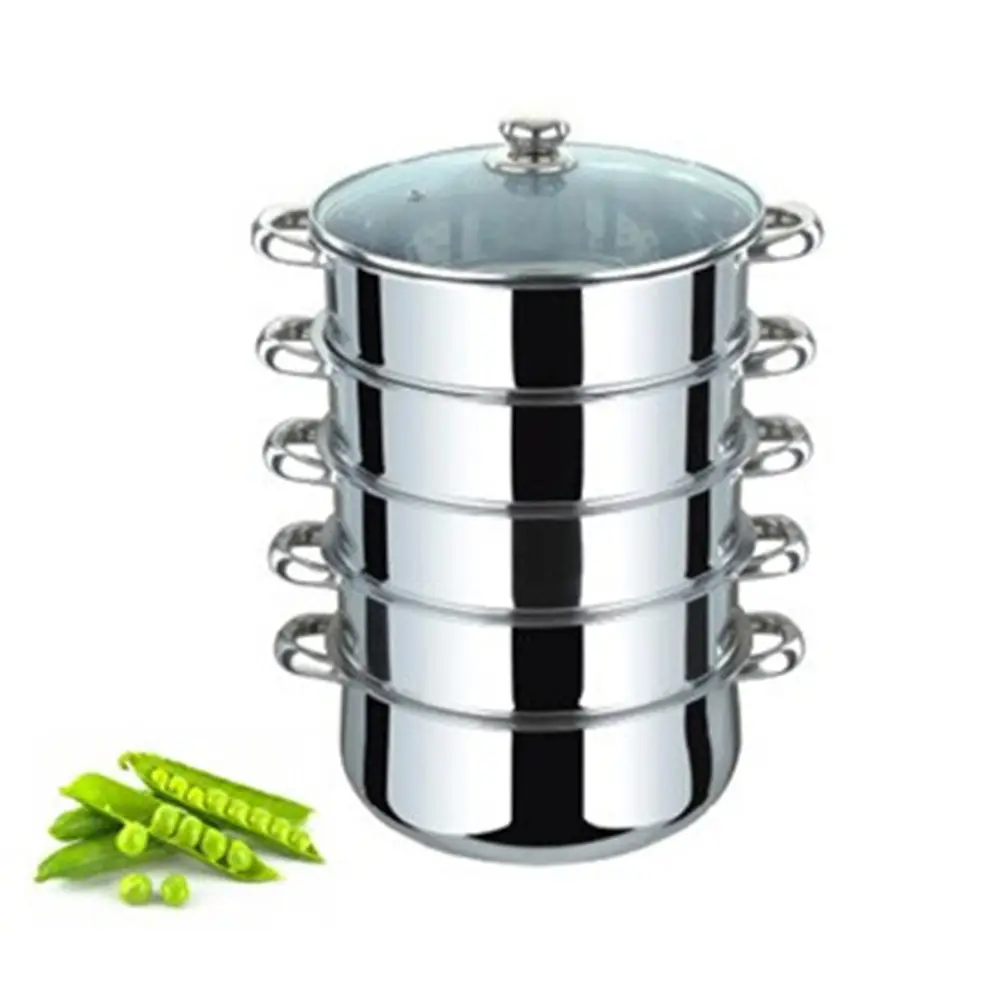 26cm Sandwich Bottom 5 Layer Stainless Steel Food Steamer Cookware with Glass Lid