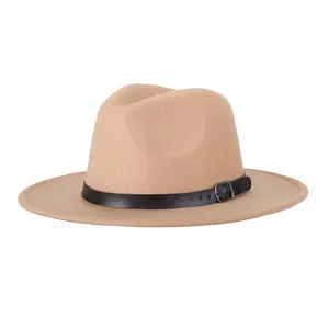 Cappello fedora a tesa larga in feltro di lana da donna su misura di alta qualità con cinturino in pelle