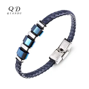 Luxury Charm Men's Braided Leather Bracelets Woven Wristband With Silver Plated Buckle and Blue Accessory