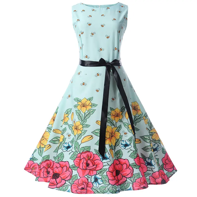2019 Summer Midi Floral Printed Vintage Dress Tunic 50s Big Swing Retro Sleeveless Evening Dress Femme