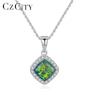 CZCITY 925 Sterling Silver Necklaces for Women Fine Jewellery Link Chain And Square Fire Opal Pendant Necklace