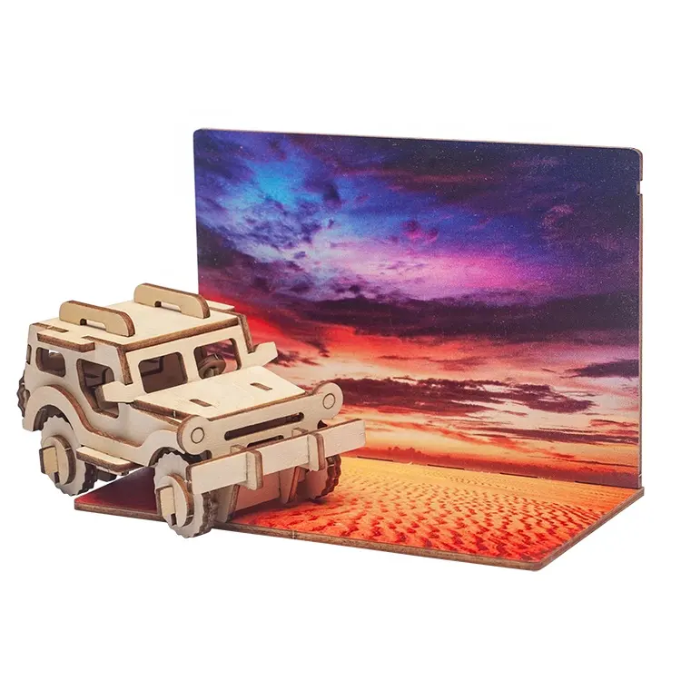 Jeep lembrança vintage cartão postal, madeira impressão uv corte a laser uv impressão mini modelo com cartão de fundo 15*12.5cm