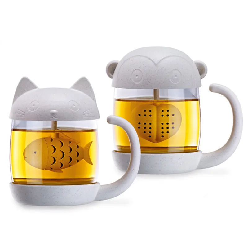 Caneca copo de vidro com gato, xícara de chá com filtro infusor de peixe
