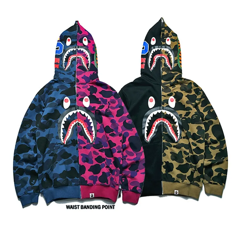 Wholesale price high quality man zip up hood sweatshirt hiphop fashion camouflage shark sweater with BAXE brand