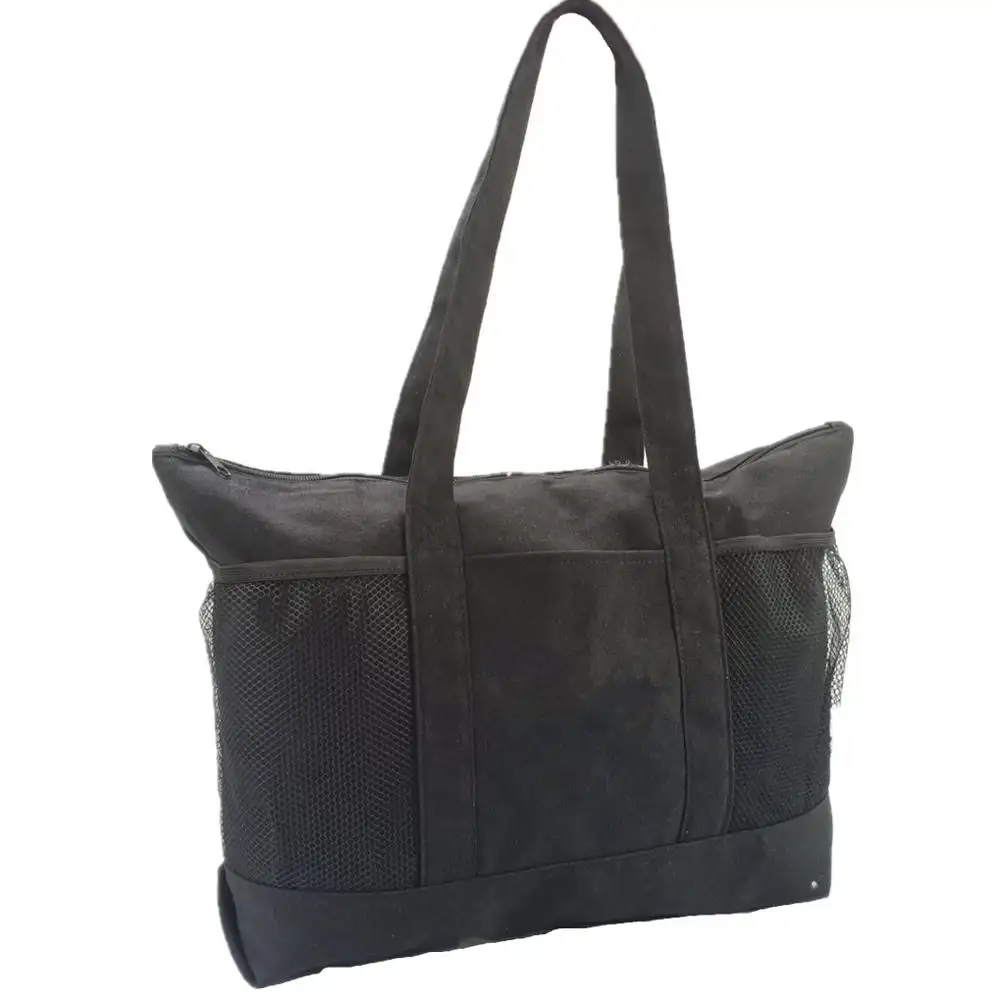 Di nuovo Modo di Viaggio Multiuso Promozionale Logo Personalizzato Top Zip Nero Giornaliero Canvas Tote Bag con Tasca della Bottiglia Di Acqua