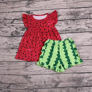 hot sale flutter sleeve shirt and short pants watermelon suit turkey wholesale children clothes