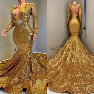 Sâu V cổ nàng tiên cá vàng prom Dresses 2025 lấp lánh sequined dài tay áo bên Dresses Evening gowns - Product Image 3