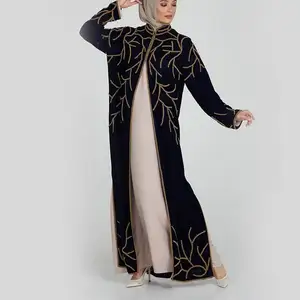 卸売最新デザインイスラム教徒ドレス新モデルブラウンファッション刺繍格安ドバイオープンアバヤ