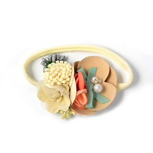Champagne Fleur Halo Nylon Bandeaux Assortis Perle Arc Hairband Nude Bébé Fille Bandeau - Product Image 1