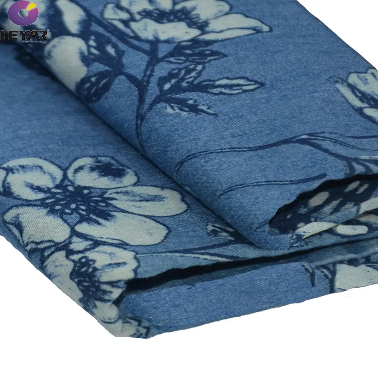 100 cotton indigo custom flower printed soft drap denim jeans fabric