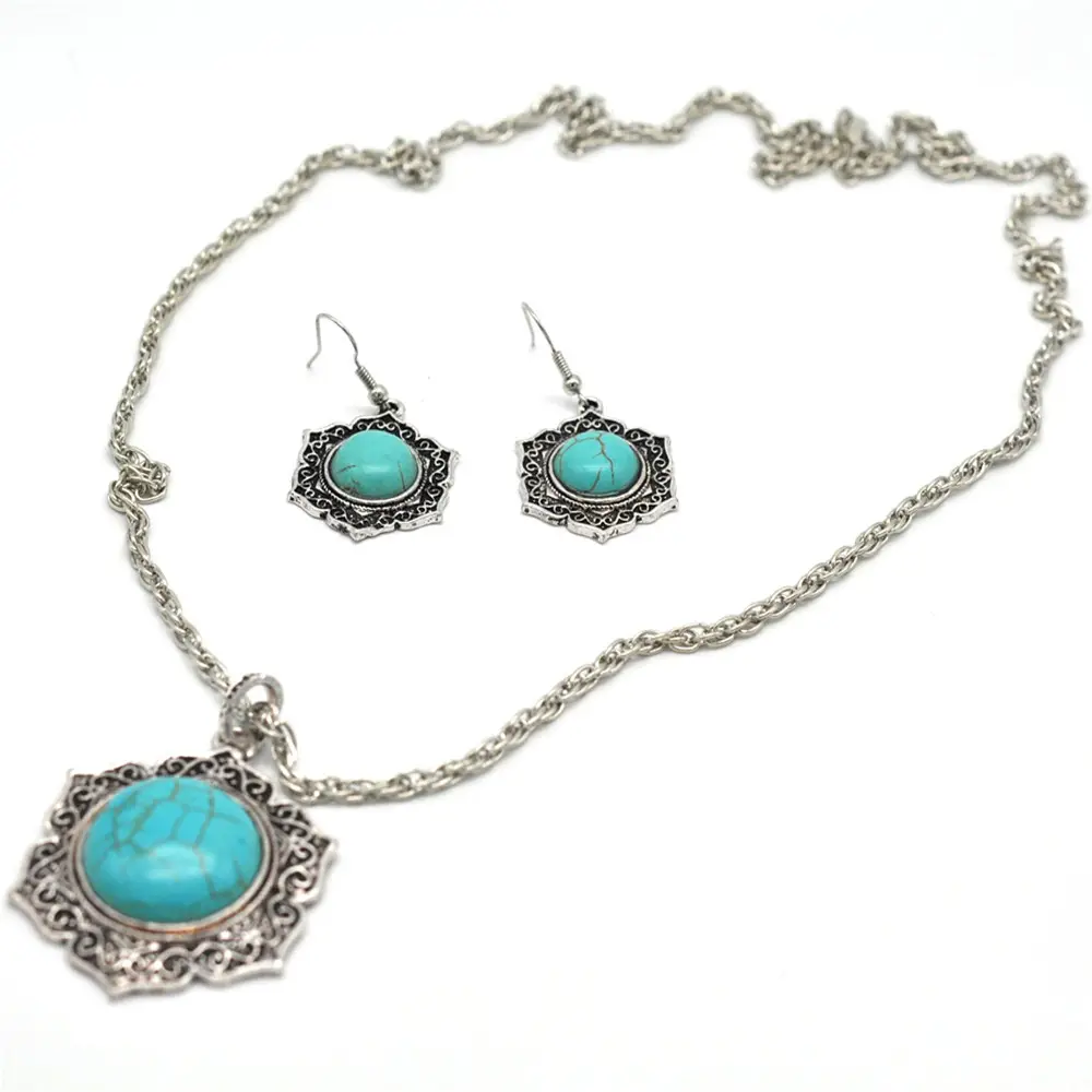 Hot Sale Damen Vintage Silber Halskette und Ohrringe Schmuck Set mit Türkis