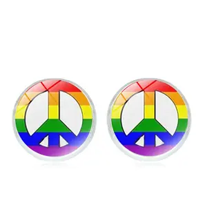 Silver Metal Glass Cabochon Photo Rainbow Quote Bi Pride Jewelry Peace Symbol LGBT Stud Earrings for Women