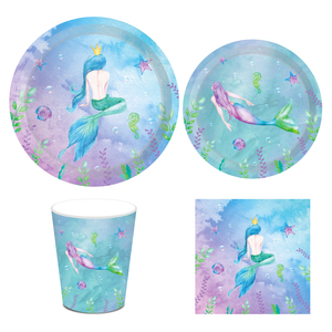 Huancai <span class=keywords><strong>petite</strong></span> sirène service de table jetable avec assiettes en papier tasses serviettes pour enfants filles fournitures de fête d'anniversaire - Product Image 2