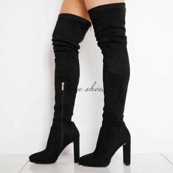Chunky Heel Boots Over Knee Thigh High Black Suede Boots Dress Shoes Ladies Long Boots