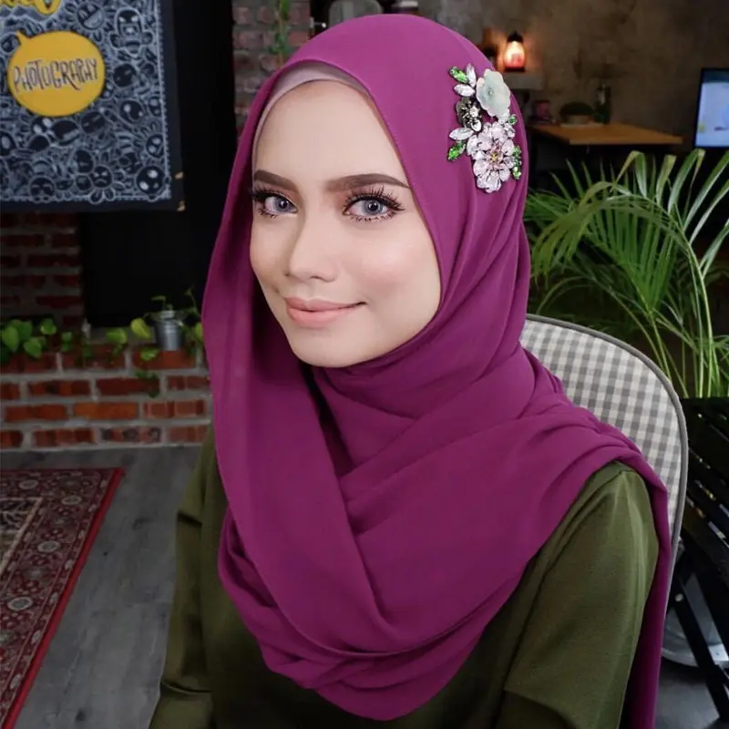 wholesale43 colors chiffon scarf with flower drill handmade Muslim Hijab Scarf Solid Color