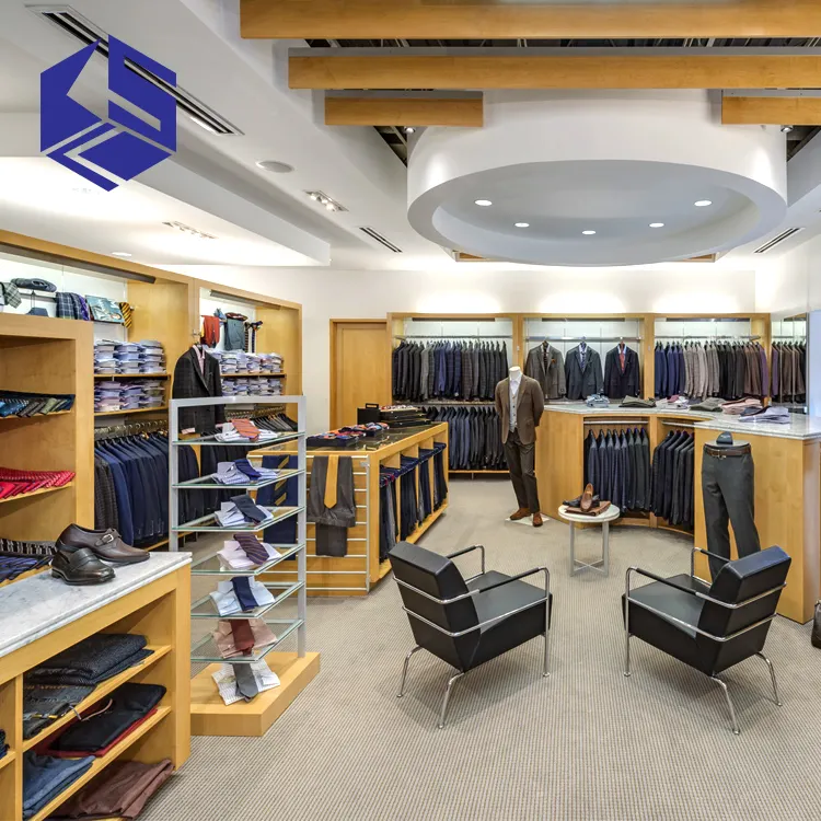 Wholesale retail garment store interior design wooden clothing displat stand men's clothing store display equipment