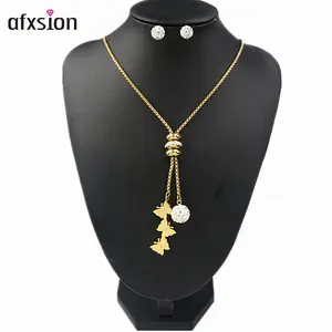 AFXSION 2018 hot selling women jewelry Diamonds sweater chain necklace earrings stainless steel jewelry set