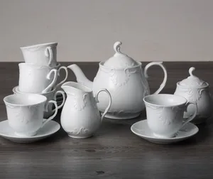 15 قطعة الأبيض منقوش بورسلين ملكي القهوة مجموعة طقم شاي